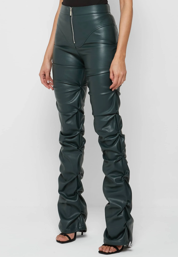 TACKED VEGAN LEATHER FLARED PANTS - DARK GREEN