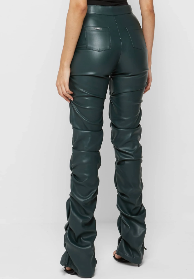 TACKED VEGAN LEATHER FLARED PANTS - DARK GREEN