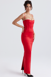 Shani Red Satin Corset Maxi Dress - Red Party Dress