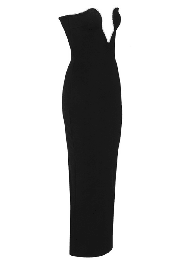 MUSE CUT OUT STRAPLESS MAXI DRESS WITH RHINESTONES - Black - MALVI PARIS