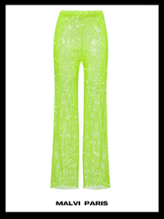 EVI RHINESTONE   EMBELLISHED STRAIGHT LEG PANTS - Lime green - MALVI PARIS