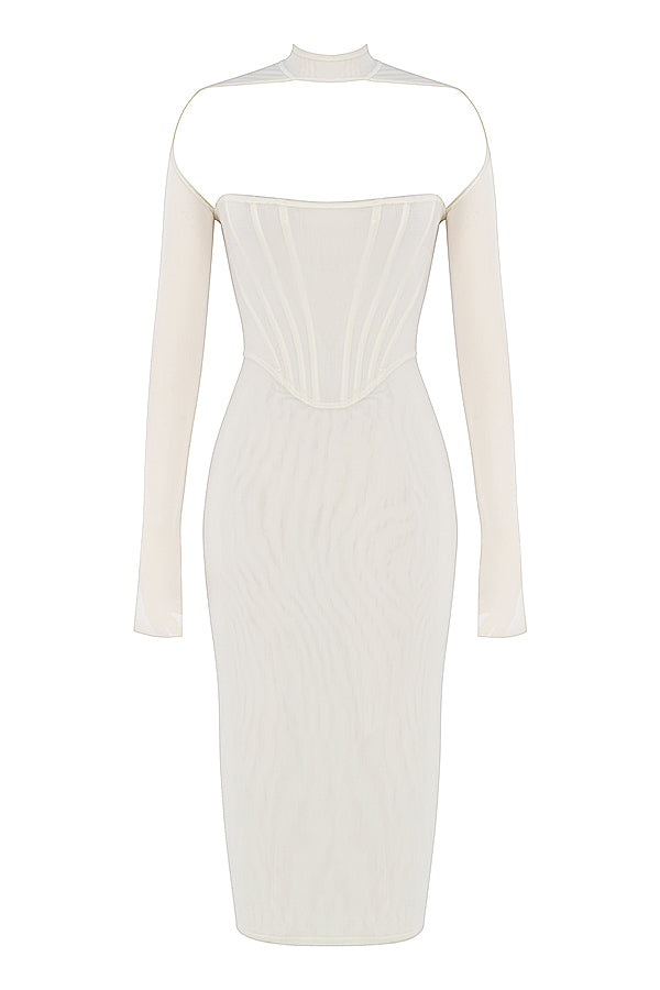 Milarose White Mesh Corset Midi Dress - White