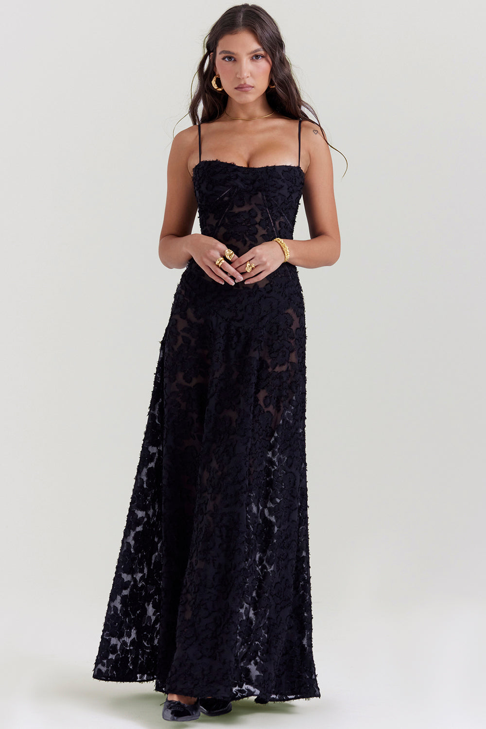 SEREN BLACK FLORAL LACE BACK MAXI DRESS - Black