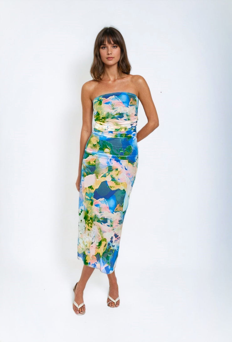 Eden Floral Strapless Midi Dress - Blue