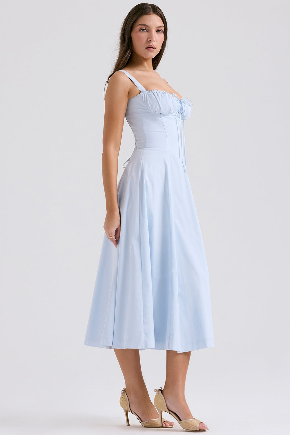 CARMEN SOFT BLUE COTTON BUSTIER SUNDRESS MIDI DRESS - Blue