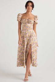 Tallulah Peony Print Floral Puff Sleeve Maxi / Midi Dress - Beige Dresses