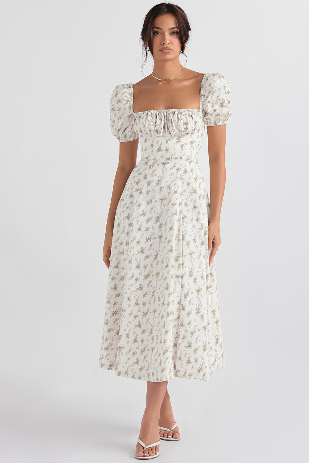 TALLULAH GARDEN PRINT PUFF SLEEVE MIDI SUNDRESS. - White