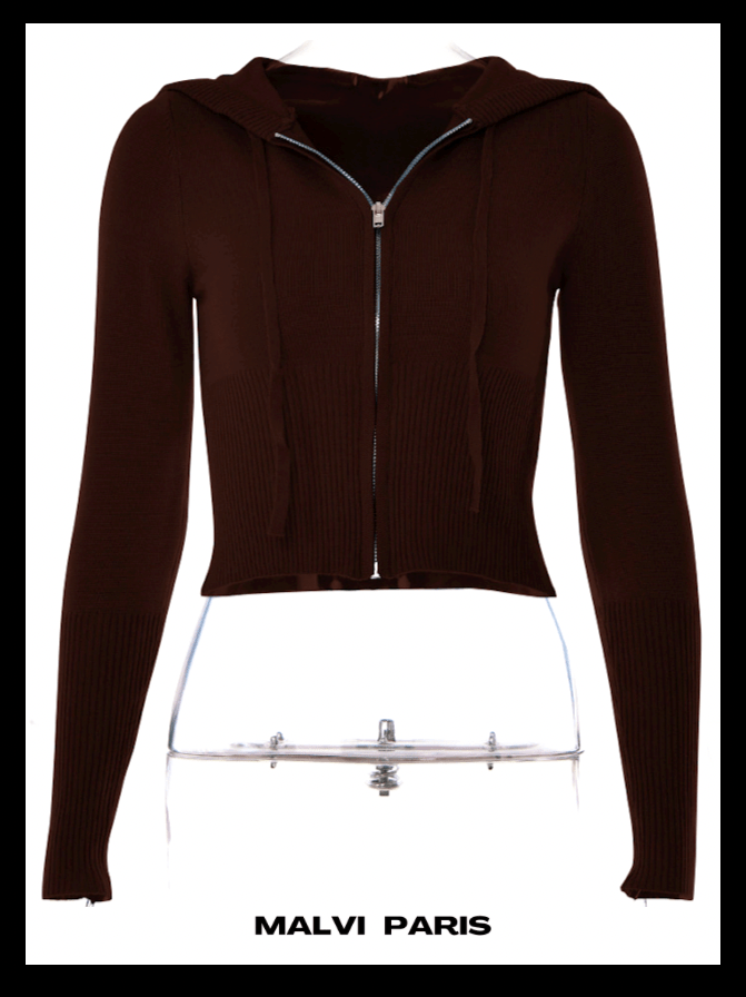 Aimee Zip Up Soft Cloud Knit Chocolate Hoodie Top - Dark Brown