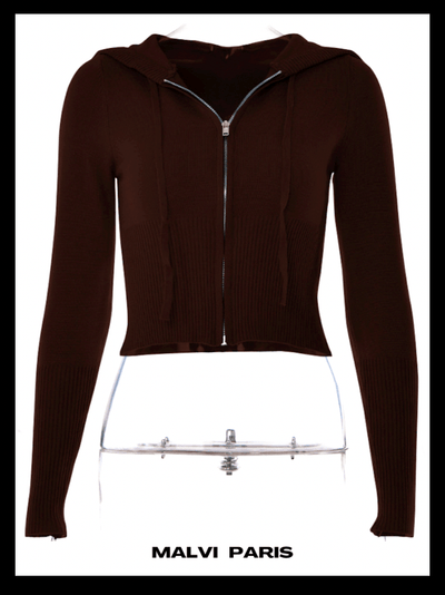 Aimee Zip Up Soft Cloud Knit Chocolate Hoodie Top - Dark Brown - MALVI PARISMALVI PARIS