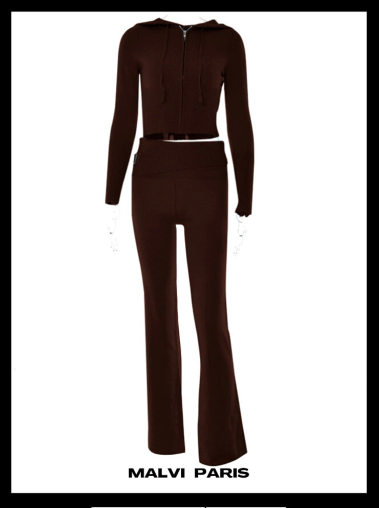 Aimee Zip Up Soft Cloud Knit Chocolate Hoodie Top - Dark Brown - MALVI PARISMALVI PARIS