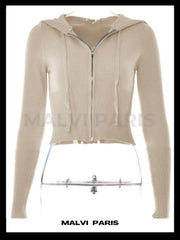 Aimee Zip Up Soft Cloud Knit Hoodie Top - Beige - MALVI PARISMALVI PARIS