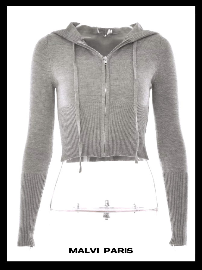 Aimee Zip Up Soft Cloud Knit Hoodie Top - Grey