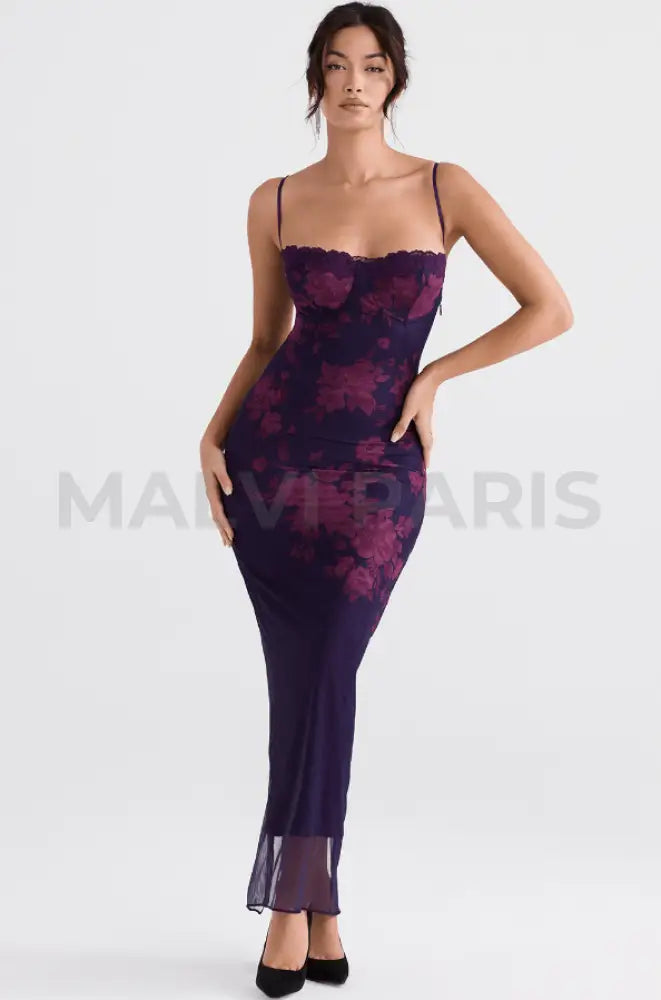 AIZA GRAPE FLORAL PRINT MAXI DRESS - Dark Purple - MALVI PARISMALVI PARIS