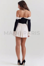 ALANA BLACK & CREAM OFF SHOULDER DRESS - White - MALVI PARISMALVI PARIS