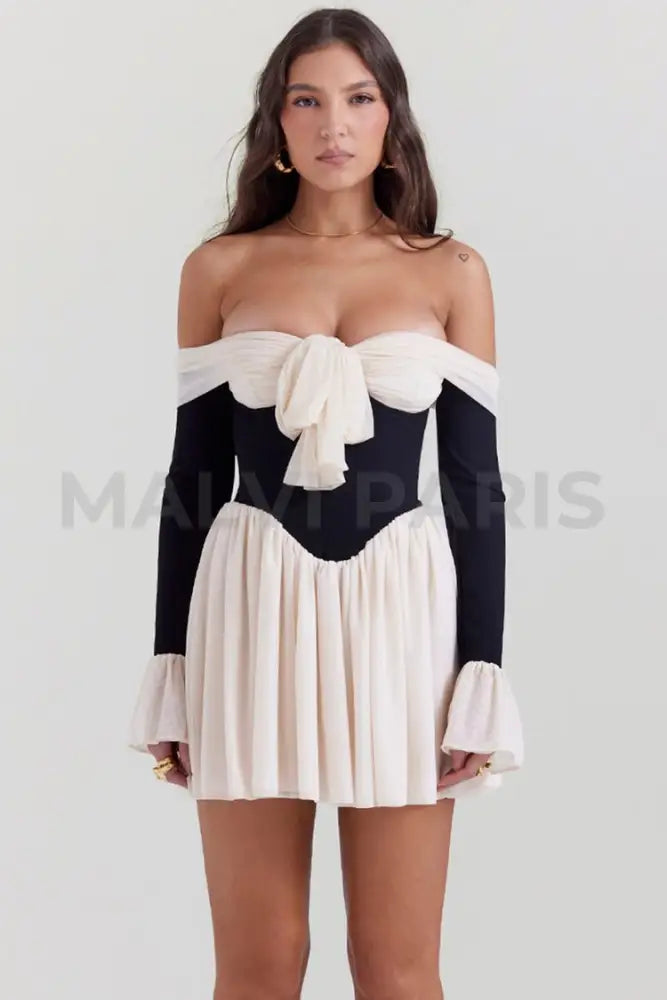 ALANA BLACK & CREAM OFF SHOULDER DRESS - White - MALVI PARISMALVI PARIS