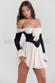 ALANA BLACK & CREAM OFF SHOULDER DRESS - White - MALVI PARISMALVI PARIS