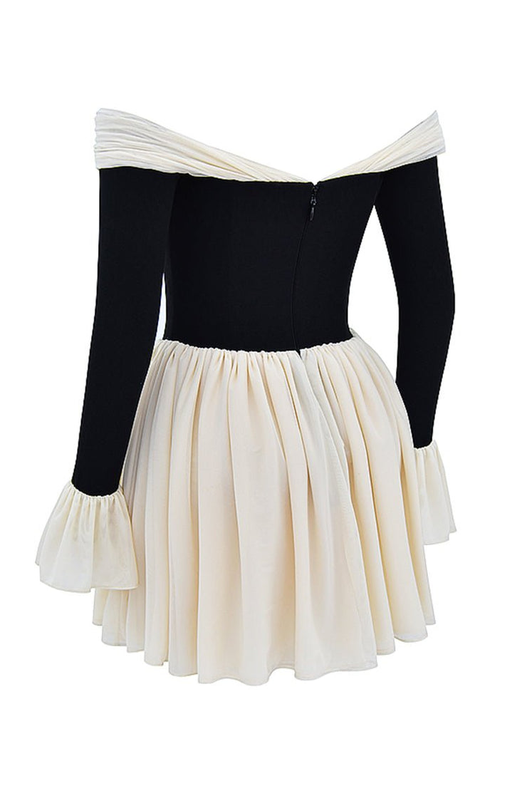 ALANA BLACK & CREAM OFF SHOULDER DRESS - White - MALVI PARISMALVI PARIS