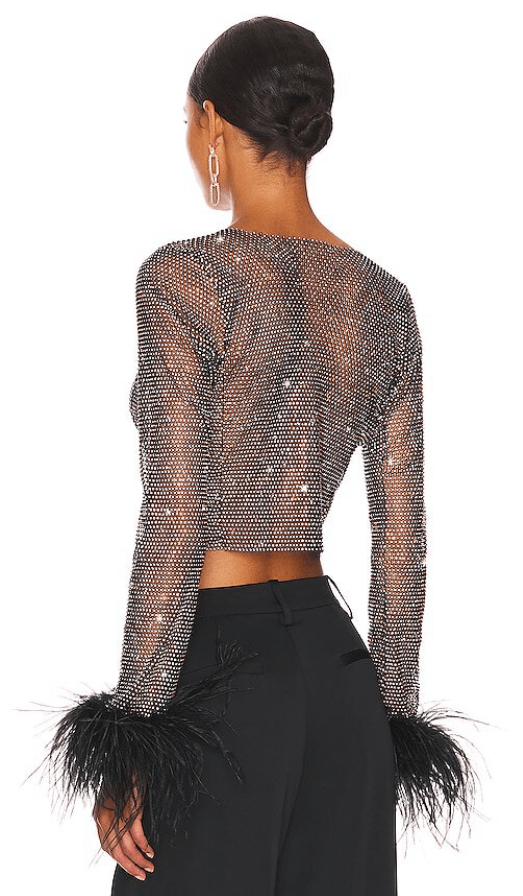 ALICIA RHINESTONE  EMBELLISHED CROP TOP FEATHERS LONG SLEEVES  - Jet Black