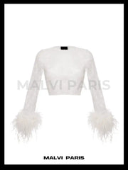 ALICIA RHINESTONE EMBELLISHED CROP TOP FEATHERS LONG SLEEVES - White - MALVI PARISMALVI PARIS