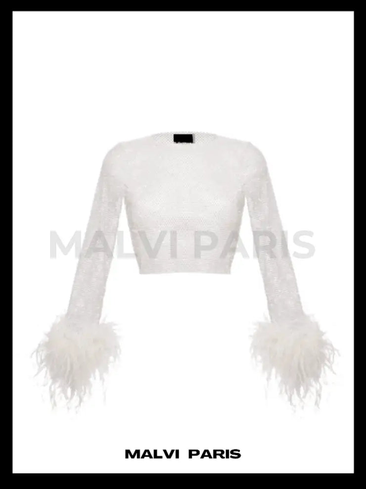 ALICIA RHINESTONE EMBELLISHED CROP TOP FEATHERS LONG SLEEVES - White - MALVI PARISMALVI PARIS