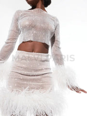 ALICIA RHINESTONE EMBELLISHED CROP TOP FEATHERS LONG SLEEVES - White - MALVI PARISMALVI PARIS