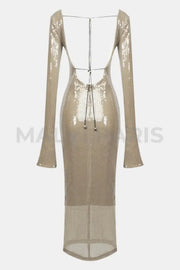 ALMA LONG SLEEVE EMBELLISHED SEQUIN MAXI DRESS - Beige golden - MALVI PARISMALVI PARIS