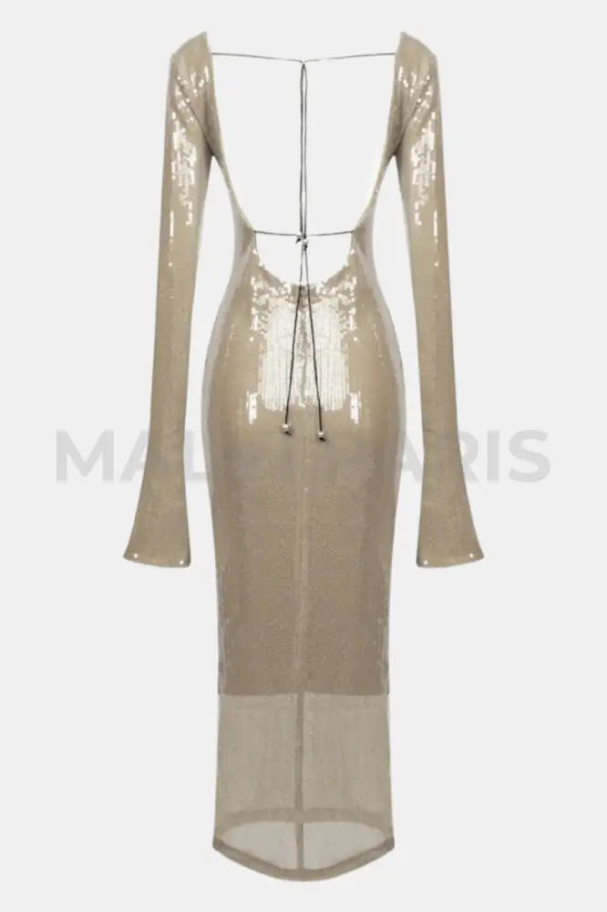 ALMA LONG SLEEVE EMBELLISHED SEQUIN MAXI DRESS - Beige golden - MALVI PARISMALVI PARIS