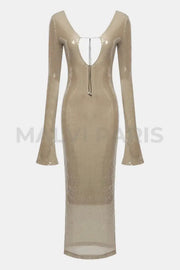 ALMA LONG SLEEVE EMBELLISHED SEQUIN MAXI DRESS - Beige golden - MALVI PARISMALVI PARIS