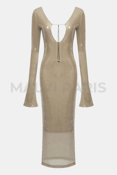 ALMA LONG SLEEVE EMBELLISHED SEQUIN MAXI DRESS - Beige golden - MALVI PARISMALVI PARIS