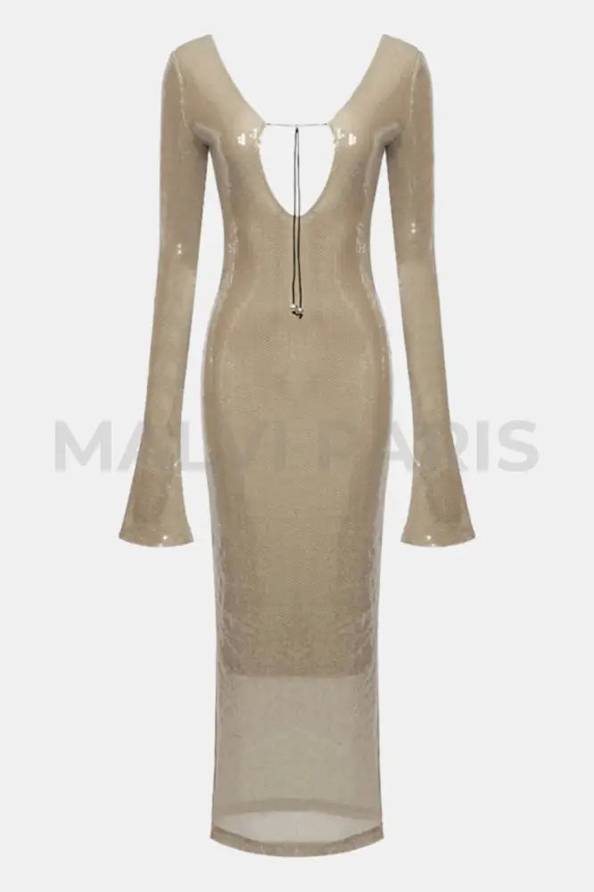 ALMA LONG SLEEVE EMBELLISHED SEQUIN MAXI DRESS - Beige golden - MALVI PARISMALVI PARIS