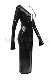 ALMA LONG SLEEVE EMBELLISHED SEQUIN MAXI DRESS - BLACK - MALVI PARISMALVI PARIS