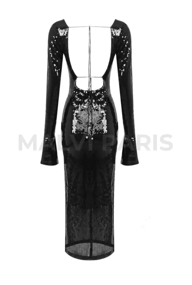 ALMA LONG SLEEVE EMBELLISHED SEQUIN MAXI DRESS - BLACK - MALVI PARISMALVI PARIS