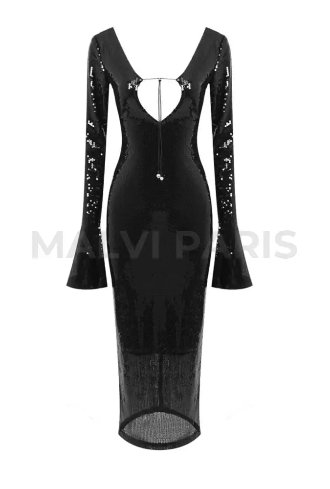 ALMA LONG SLEEVE EMBELLISHED SEQUIN MAXI DRESS - BLACK - MALVI PARISMALVI PARIS