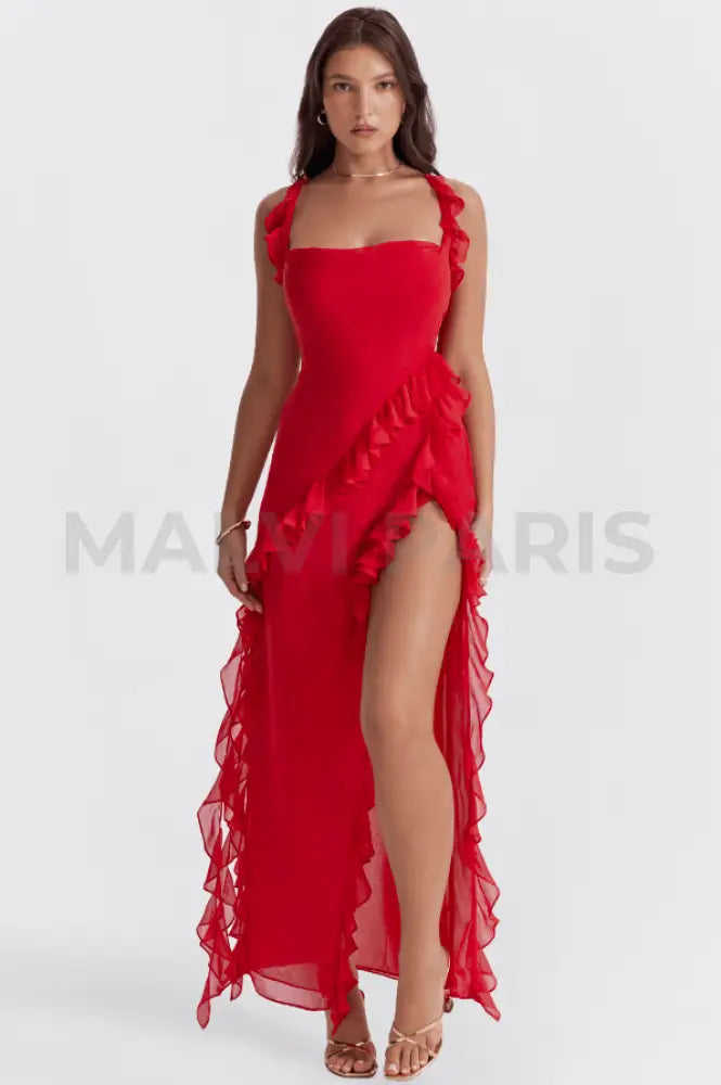 ARIELA CHERRY RUFFLE ASYMMETRIC COCKTAIL MAXI DRESS - Red - MALVI PARISMALVI PARIS