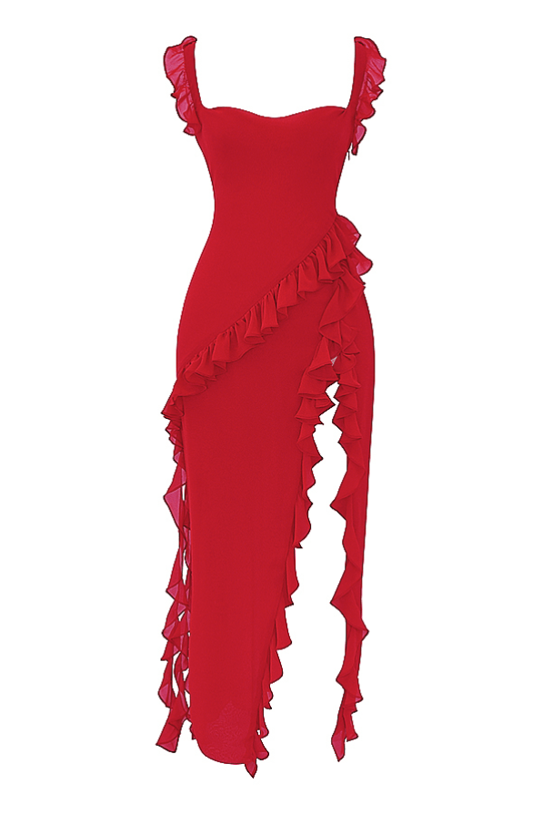 ARIELA CHERRY RUFFLE  ASYMMETRIC COCKTAIL MAXI DRESS - Red