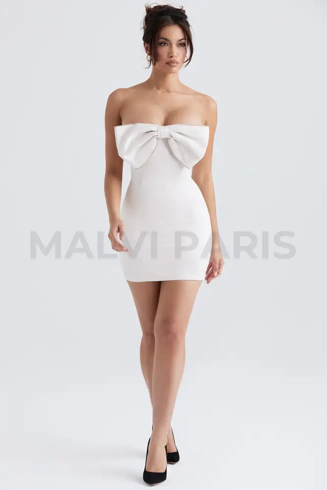 ARIELLA IVORY SATIN CRYSTAL EMBELLISHED BOW MINI DRESS - White - MALVI PARISMALVI PARIS