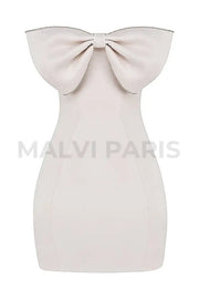 ARIELLA IVORY SATIN CRYSTAL EMBELLISHED BOW MINI DRESS - White - MALVI PARISMALVI PARIS