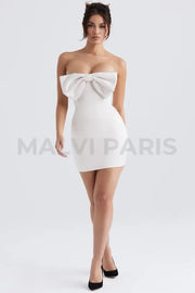 ARIELLA IVORY SATIN CRYSTAL EMBELLISHED BOW MINI DRESS - White - MALVI PARISMALVI PARIS