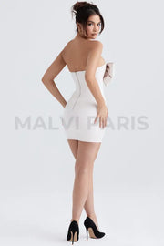 ARIELLA IVORY SATIN CRYSTAL EMBELLISHED BOW MINI DRESS - White - MALVI PARISMALVI PARIS