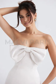 ARIELLA IVORY SATIN CRYSTAL EMBELLISHED BOW MINI DRESS - White - MALVI PARISMALVI PARIS