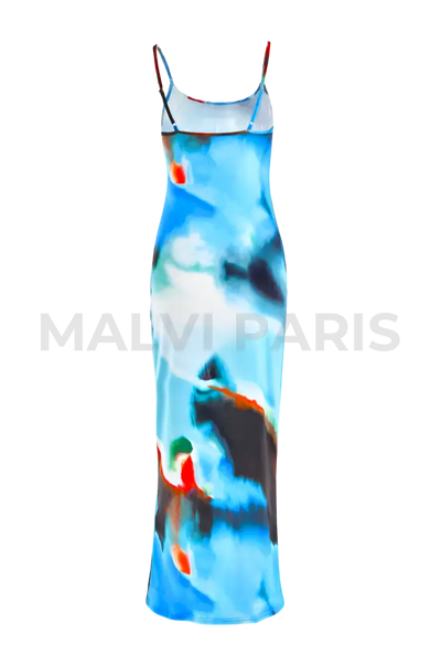 Aurora Blue Abstract Print Spaghetti Strap Maxi Dress -