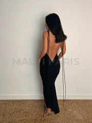 AZARI JET BLACK RUCHED BACKLESS MAXI DRESS - Black - MALVI PARISMALVI PARIS