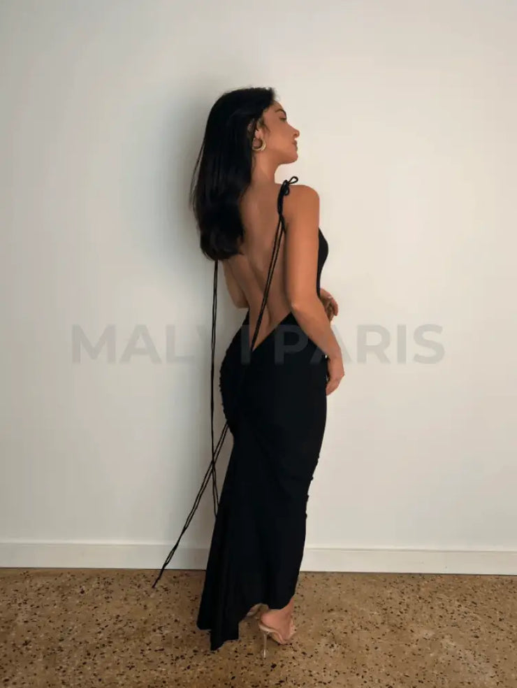 AZARI JET BLACK RUCHED BACKLESS MAXI DRESS - Black - MALVI PARISMALVI PARIS