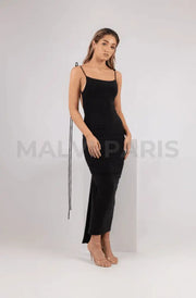 AZARI JET BLACK RUCHED BACKLESS MAXI DRESS - Black - MALVI PARISMALVI PARIS