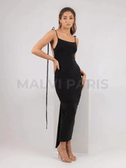 AZARI JET BLACK RUCHED BACKLESS MAXI DRESS - Black - MALVI PARISMALVI PARIS