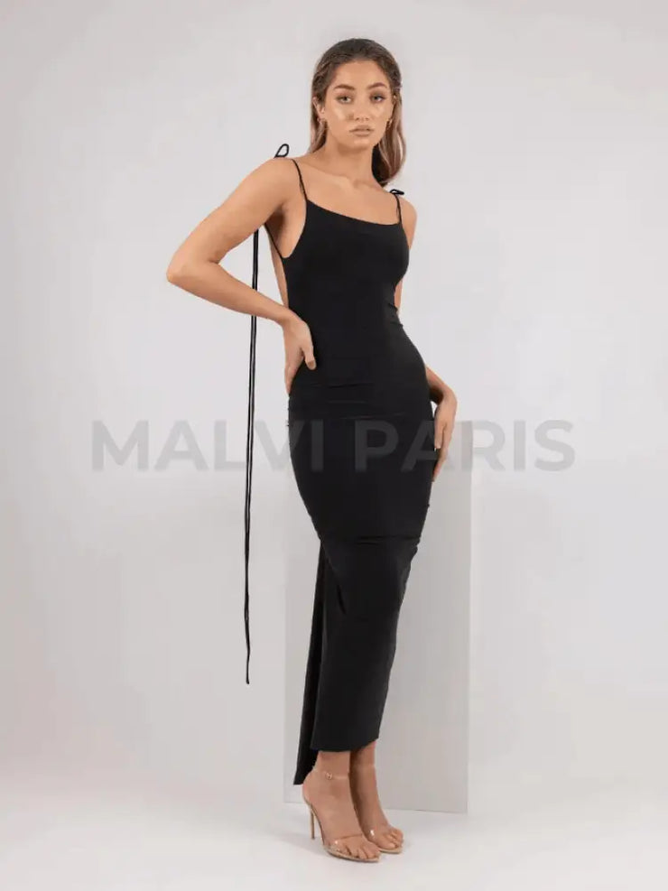 AZARI JET BLACK RUCHED BACKLESS MAXI DRESS - Black - MALVI PARISMALVI PARIS