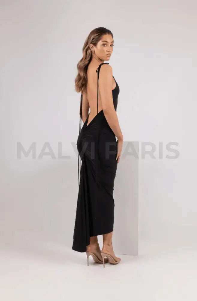 AZARI JET BLACK RUCHED BACKLESS MAXI DRESS - Black - MALVI PARISMALVI PARIS