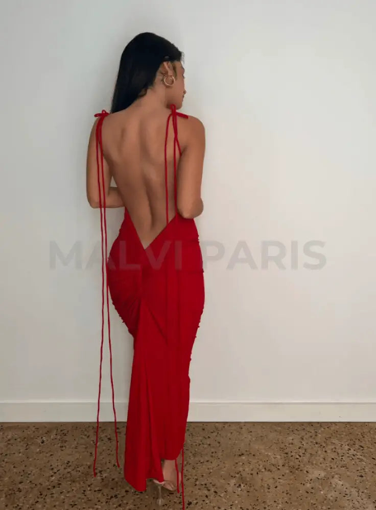 AZARI RED RUCHED BACKLESS MAXI DRESS - Red - MALVI PARISMALVI PARIS