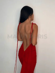 AZARI RED RUCHED BACKLESS MAXI DRESS - Red - MALVI PARISMALVI PARIS