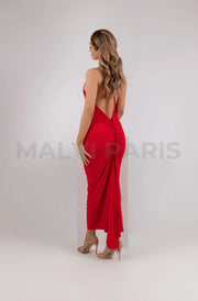 AZARI RED RUCHED BACKLESS MAXI DRESS - Red - MALVI PARISMALVI PARIS